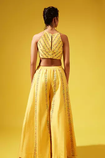 Gina Yellow Palazzo And Silk Top With Tulle Dupatta