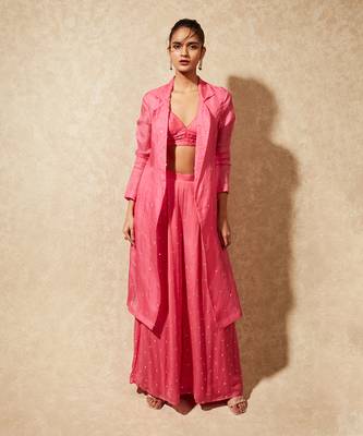 Pink June Organza Trench Jacket And Flared Pants 1