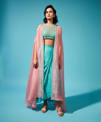 Blue Georgette Printed Fusion Wear Cape Set 1
