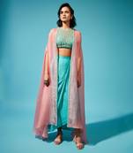 Blue Georgette Printed Fusion Wear Cape Set