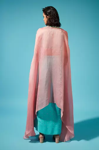 Blue Georgette Printed Fusion Wear Cape Set