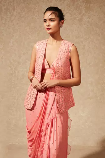 Pink Sachi Drape Sari With Jacket