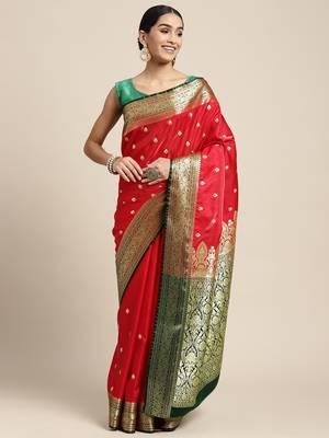 HOUSE OF BEGUM Women's Red Banarasi Katan Silk Buti Work Saree With Blouse Piece 1