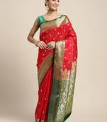 HOUSE OF BEGUM Women's Red Banarasi Katan Silk Buti Work Saree With Blouse Piece