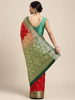 HOUSE OF BEGUM Women's Red Banarasi Katan Silk Buti Work Saree With Blouse Piece 2