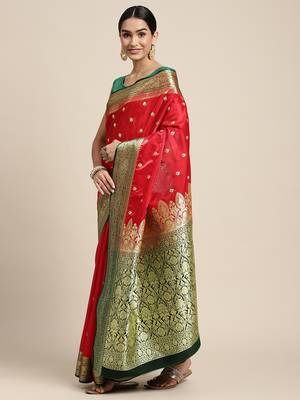 HOUSE OF BEGUM Women's Red Banarasi Katan Silk Buti Work Saree With Blouse Piece 3