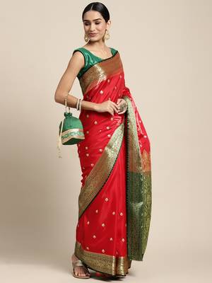 HOUSE OF BEGUM Women's Red Banarasi Katan Silk Buti Work Saree With Blouse Piece 4