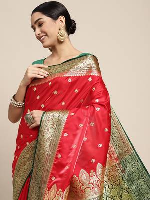 HOUSE OF BEGUM Women's Red Banarasi Katan Silk Buti Work Saree With Blouse Piece 5