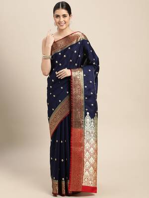 HOUSE OF BEGUM Women's Navy Blue Banarasi Katan Silk Saree With Buti Work With Blouse Piece 1