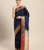 HOUSE OF BEGUM Women's Navy Blue Banarasi Katan Silk Saree With Buti Work With Blouse Piece
