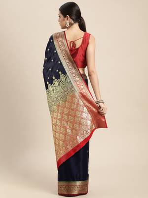 HOUSE OF BEGUM Women's Navy Blue Banarasi Katan Silk Saree With Buti Work With Blouse Piece 2