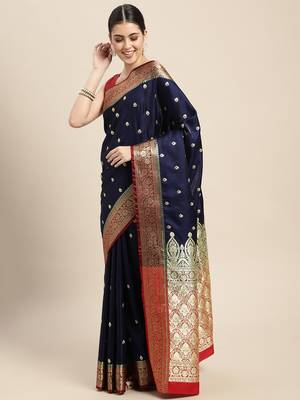 HOUSE OF BEGUM Women's Navy Blue Banarasi Katan Silk Saree With Buti Work With Blouse Piece 3