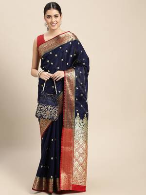 HOUSE OF BEGUM Women's Navy Blue Banarasi Katan Silk Saree With Buti Work With Blouse Piece 4