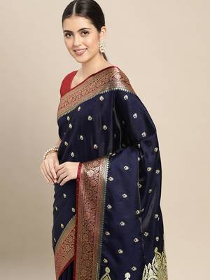 HOUSE OF BEGUM Women's Navy Blue Banarasi Katan Silk Saree With Buti Work With Blouse Piece 5