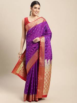HOUSE OF BEGUM Women's Magenta Banarasi Katan Silk Saree With Buti Work With Blouse Piece 1