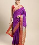 HOUSE OF BEGUM Women's Magenta Banarasi Katan Silk Saree With Buti Work With Blouse Piece