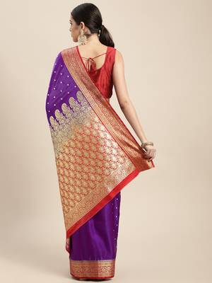 HOUSE OF BEGUM Women's Magenta Banarasi Katan Silk Saree With Buti Work With Blouse Piece 2