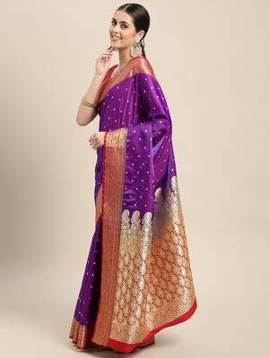 HOUSE OF BEGUM Women's Magenta Banarasi Katan Silk Saree With Buti Work With Blouse Piece 3