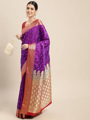 HOUSE OF BEGUM Women's Magenta Banarasi Katan Silk Saree With Buti Work With Blouse Piece 4