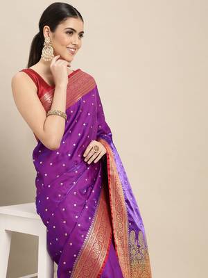 HOUSE OF BEGUM Women's Magenta Banarasi Katan Silk Saree With Buti Work With Blouse Piece 5