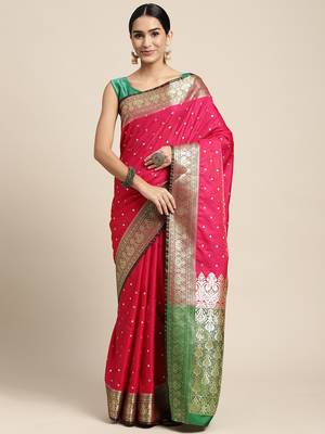 HOUSE OF BEGUM Women's Pink Banarasi Katan Silk Saree With Buti Work With Blouse Piece 1
