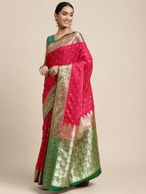 HOUSE OF BEGUM Women's Pink Banarasi Katan Silk Saree With Buti Work With Blouse Piece 3