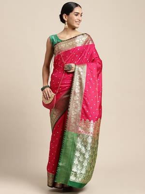 HOUSE OF BEGUM Women's Pink Banarasi Katan Silk Saree With Buti Work With Blouse Piece 4