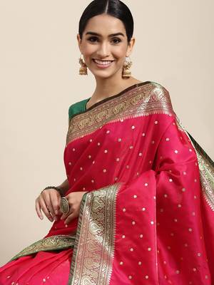 HOUSE OF BEGUM Women's Pink Banarasi Katan Silk Saree With Buti Work With Blouse Piece 5