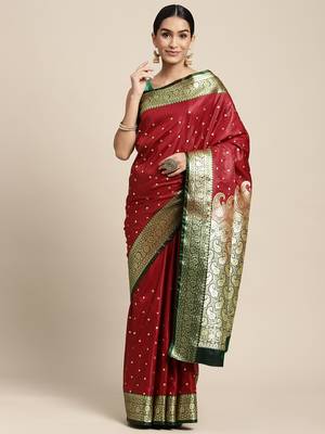 HOUSE OF BEGUM Women's Maroon Banarasi Katan Silk Saree With Buti Work With Blouse Piece 1