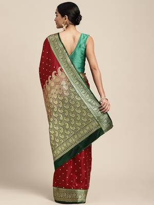 HOUSE OF BEGUM Women's Maroon Banarasi Katan Silk Saree With Buti Work With Blouse Piece 2