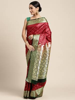 HOUSE OF BEGUM Women's Maroon Banarasi Katan Silk Saree With Buti Work With Blouse Piece 3