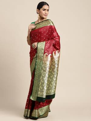 HOUSE OF BEGUM Women's Maroon Banarasi Katan Silk Saree With Buti Work With Blouse Piece 4