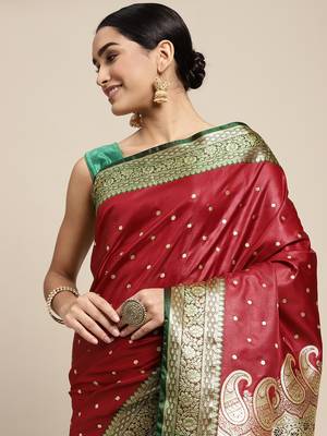 HOUSE OF BEGUM Women's Maroon Banarasi Katan Silk Saree With Buti Work With Blouse Piece 5