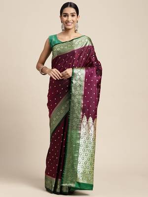 HOUSE OF BEGUM Women's Wine Banarasi Katan Silk Saree With Buti Work With Blouse Piece 1