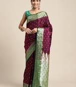HOUSE OF BEGUM Women's Wine Banarasi Katan Silk Saree With Buti Work With Blouse Piece