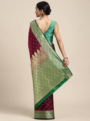 HOUSE OF BEGUM Women's Wine Banarasi Katan Silk Saree With Buti Work With Blouse Piece 2