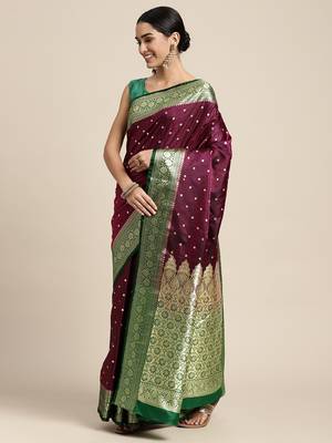 HOUSE OF BEGUM Women's Wine Banarasi Katan Silk Saree With Buti Work With Blouse Piece 3
