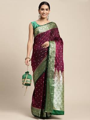 HOUSE OF BEGUM Women's Wine Banarasi Katan Silk Saree With Buti Work With Blouse Piece 4