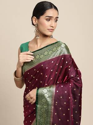 HOUSE OF BEGUM Women's Wine Banarasi Katan Silk Saree With Buti Work With Blouse Piece 5