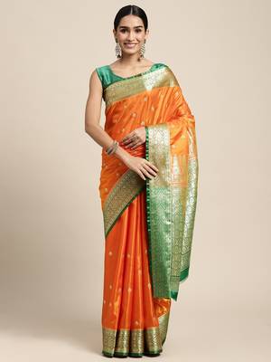 HOUSE OF BEGUM Women's Orange Banarasi Katan Silk Saree With Buti Work With Blouse Piece 1