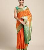 HOUSE OF BEGUM Women's Orange Banarasi Katan Silk Saree With Buti Work With Blouse Piece