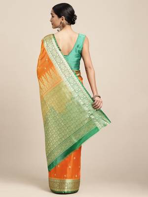HOUSE OF BEGUM Women's Orange Banarasi Katan Silk Saree With Buti Work With Blouse Piece 2