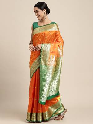 HOUSE OF BEGUM Women's Orange Banarasi Katan Silk Saree With Buti Work With Blouse Piece 3