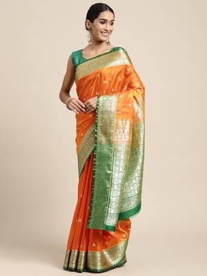 HOUSE OF BEGUM Women's Orange Banarasi Katan Silk Saree With Buti Work With Blouse Piece 4