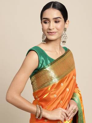HOUSE OF BEGUM Women's Orange Banarasi Katan Silk Saree With Buti Work With Blouse Piece 5