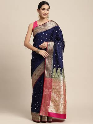 HOUSE OF BEGUM Women's Navy Blue Banarasi Katan Silk Saree With Buti Work With Blouse Piece 1