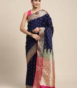 HOUSE OF BEGUM Women's Navy Blue Banarasi Katan Silk Saree With Buti Work With Blouse Piece