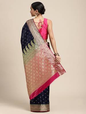 HOUSE OF BEGUM Women's Navy Blue Banarasi Katan Silk Saree With Buti Work With Blouse Piece 2