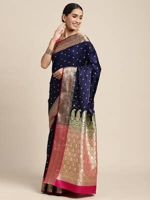 HOUSE OF BEGUM Women's Navy Blue Banarasi Katan Silk Saree With Buti Work With Blouse Piece 3