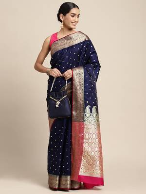 HOUSE OF BEGUM Women's Navy Blue Banarasi Katan Silk Saree With Buti Work With Blouse Piece 4